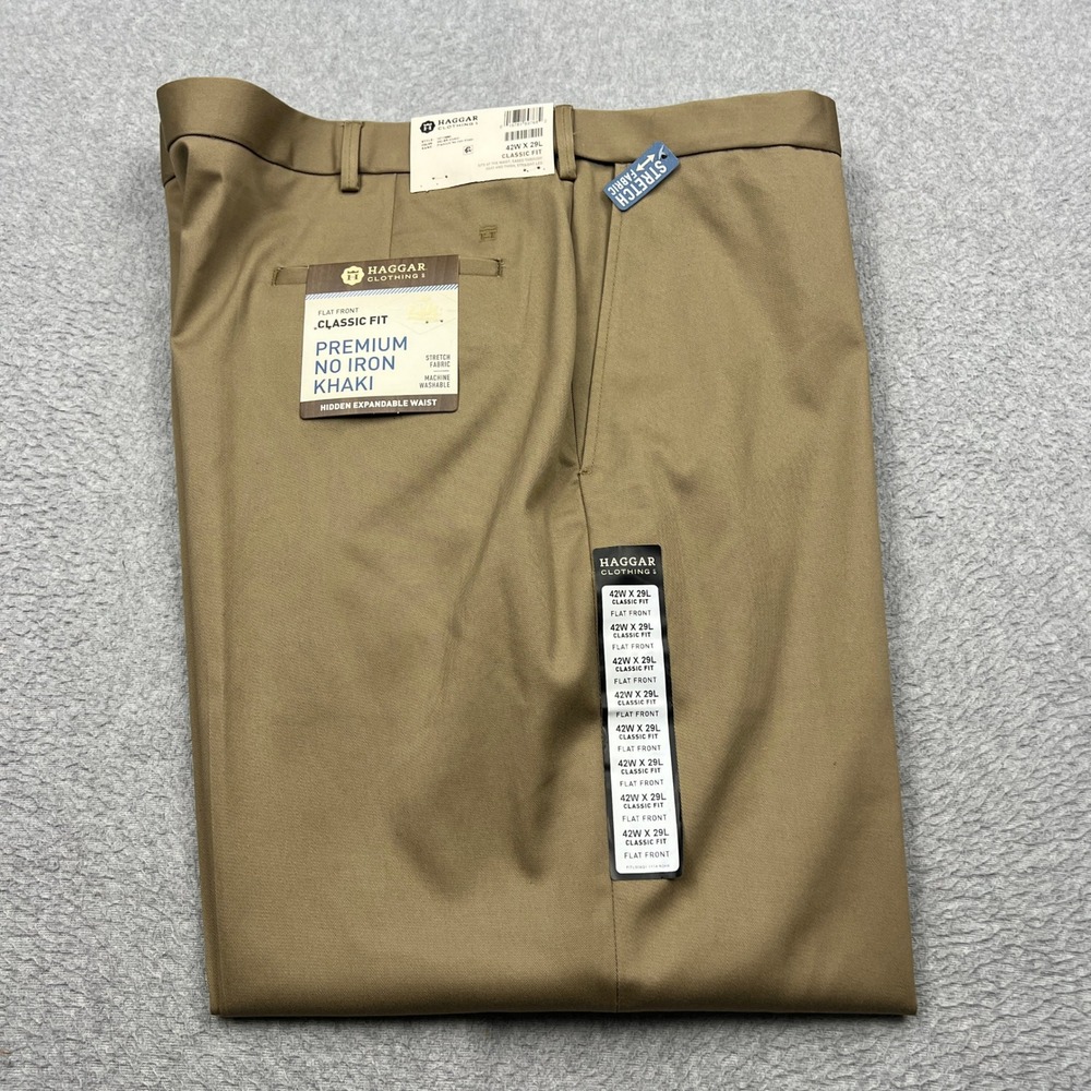 NEW Haggar Classic Fit Pants Mens 42x29 Khaki Premium No Iron Stretch Flat Front